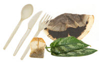 compotable silverware, coffee grounds and filter, tea bag, and houseplant leaves compotable silverware, coffee grounds and filter, tea bag, and houseplant leaves