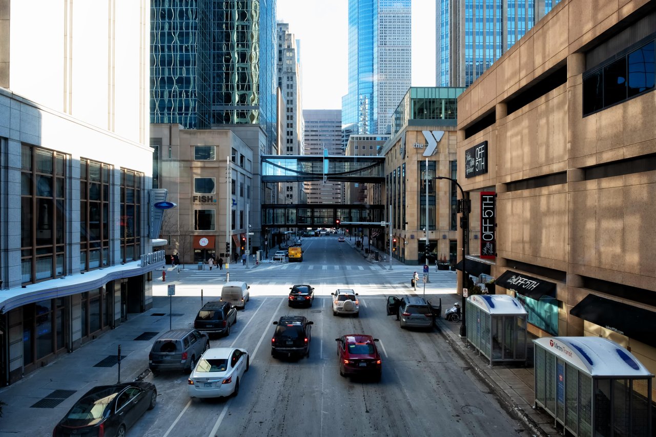 Streets in downtown Minneapolis showing multiple skyway levels between buildings. Photo credit: Augustus Isaac, Meet Minneapolis Streets in downtown Minneapolis showing multiple skyway levels between buildings. Photo credit: Augustus Isaac, Meet Minneapolis